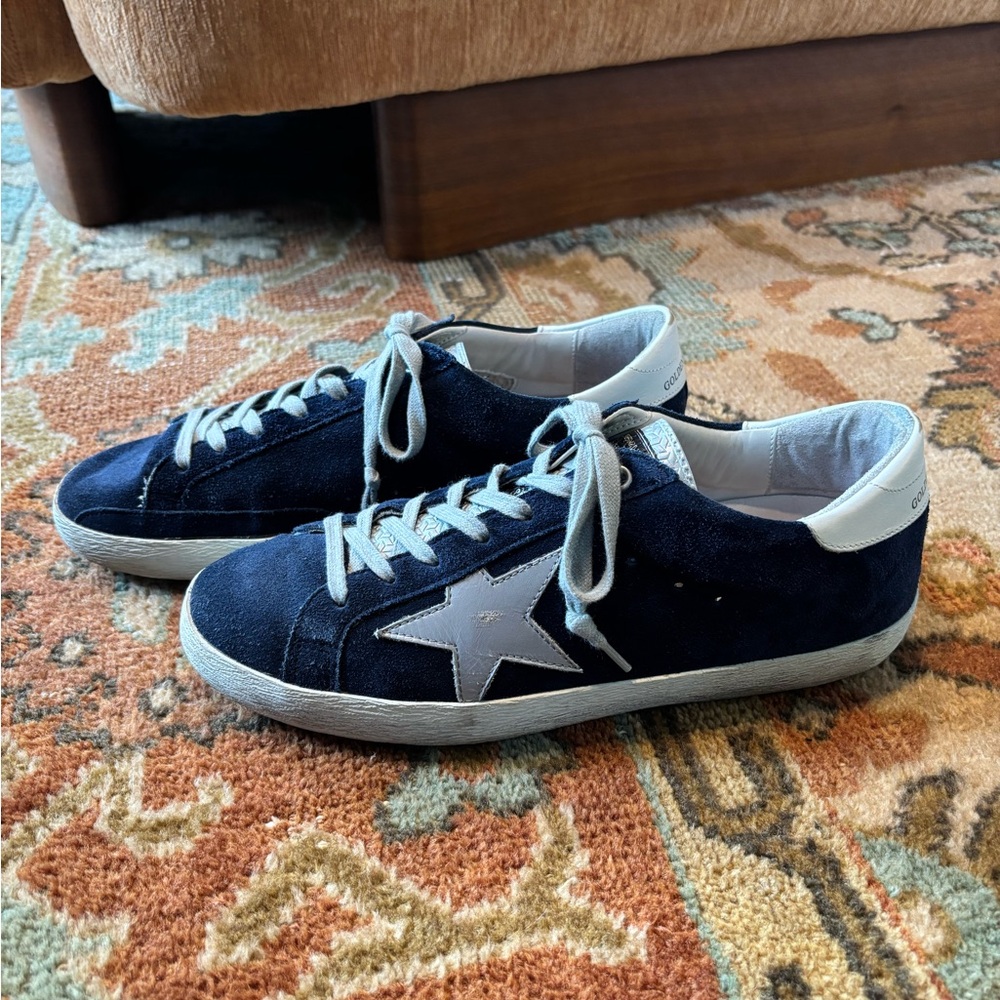 Size 41 Golden Goose Superstar Navy Suede Sneakers With Silver Star And …